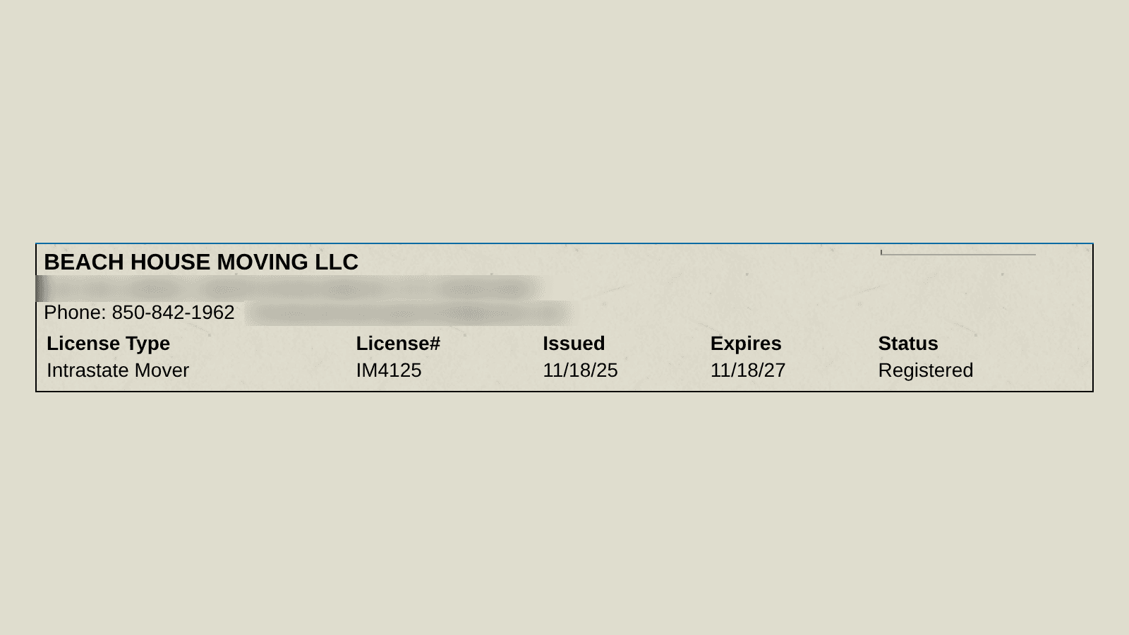 FDACS legacy license search result for Beach House Moving LLC: Intrastate Mover, IM4125, issued 11/18/25, expires 11/18/27, status Registered (street address and email blurred)