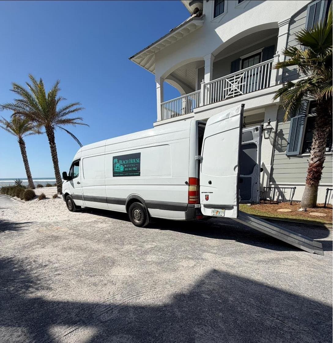 Beach House Moving van parked at a beachfront home on 30A, Santa Rosa Beach, Florida